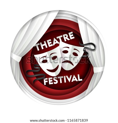 Theatre festival poster banner template. Vector paper cut theater decorations with comedy and tragedy theater masks in circle.