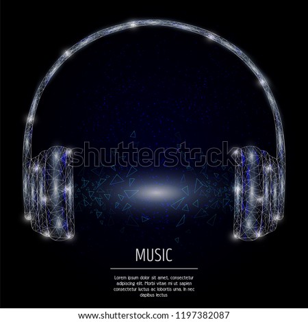 Vector polygonal art style headphones. Low poly wireframe mesh with scattered particles and light effects on dark blue background. Music concept poster banner design template with copy space.