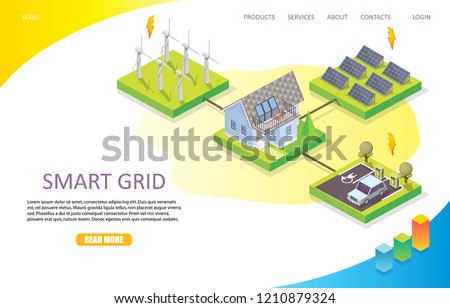 Smart grid network landing page website template. Vector isometric illustration. Wind and solar power renewable energy, smart grid technology concept.