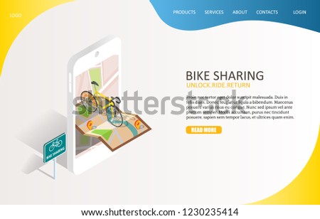 Bike sharing landing page website template. Vector isometric illustration of smartphone with map, bicycle and bike sharing sign. Bike rental app concept.