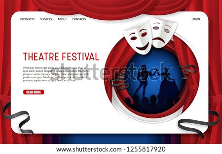 Theatre festival landing page website template. Vector paper cut theatrical scenery with theater tragedy and comedy masks, actors and spectators silhouettes.
