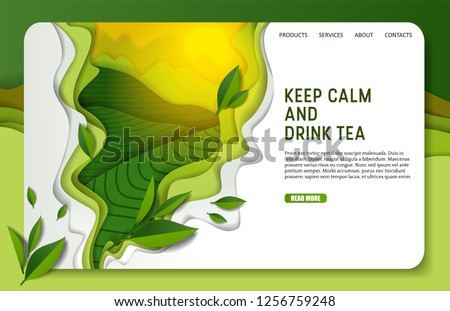 Green tea landing page website template. Vector paper cut spilling aromatic green tea with leaves. Keep calm and drink tea inspirational quotation.