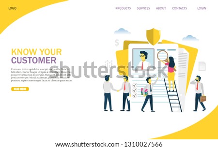 KYC, know your customer vector website template, web page and landing page design for website and mobile site development. Process of business verifying the identity of its clients concept.