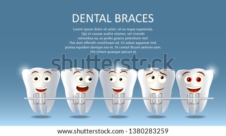 Dental braces vector poster banner template. Cute happy teeth with metal braces. Orthodontic treatment, bite correction or jaw alignment concept.