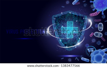 Virus protection vector web banner, website page template. China Wuhan coronavirus epidemic. Polygonal style  shield with protecting from bacteria, corona virus, microbes. Microbiology and medicine.