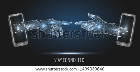 Stay connected vector poster banner design template. Mobile phone two human hands touching, low poly wireframe mesh. 5G network communication technology polygonal art style illustration.
