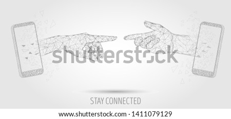 Stay connected vector poster banner design template. Mobile phone two human hands touching, low poly wireframe mesh. Mobile network, stay in touch concept polygonal art style illustration.