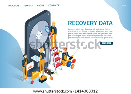 Recovery data vector website template, web page and landing page design for website and mobile site development. Computer hardware services, hdd repair concept.