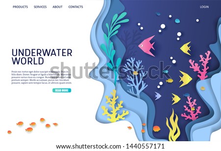 Underwater world vector website template, web page and landing page design for website and mobile site development. Aquarium, undersea cave, deep ocean bottom landscape and marine life.