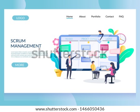 Scrum management vector website template, web page and landing page design for website and mobile site development. Scrum methodology concept with tiny programmers team moving cards on big task board.