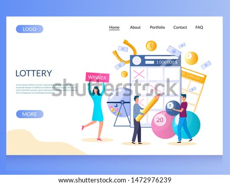 Lottery vector website template, web page and landing page design for website and mobile site development. People filling out lottery tickets, raffle drum, balls with lucky numbers. Bingo keno lotto.