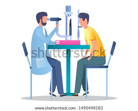Ophthalmologist checking eyesight of his patient using eye test machine, vector flat illustration. Optometry, ophthalmology diagnostics, vision correction concept for web banner, website page etc.