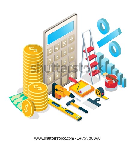 Budgeting for home maintenance, renovation concept vector isometric illustration. Home repairs budget composition for web banner, website page etc.