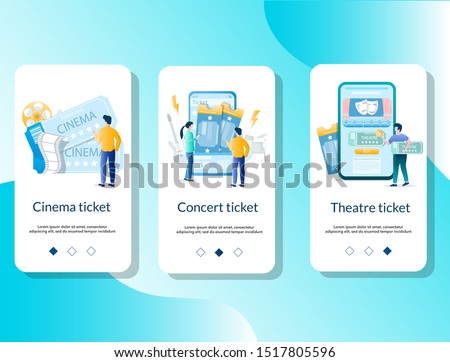 Cinema, concert and theatre tickets mobile app onboarding screens. Menu banner vector template for website and application development.