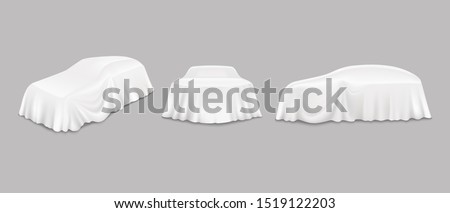 Car reveal event drapes, side front view, vector isolated illustration. Automobile hidden behind realistic white unveiling cloth. New car model presentation, auto show. Foto stock © 