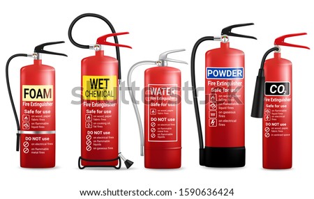 Realistic red fire extinguisher with nozzle set, vector illustration isolated on white background. Portable fire extinguishing equipment.