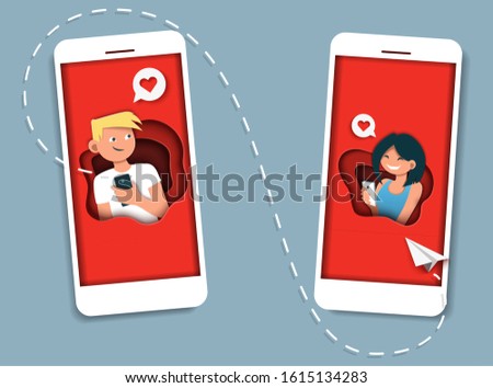 Couple in love sending messages to each other using messenger chat mobile app, vector illustration in paper art craft style. Romantic love messages composition for web banner, website page etc.