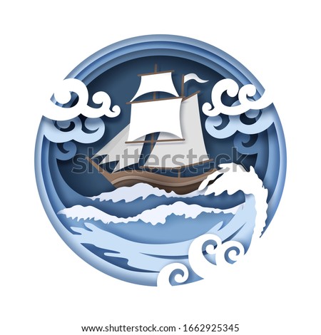 Sailing ship floating on sea water, vector illustration in paper art craft style. Beautiful marine composition with sailboat and stormy waves. Sea travel and adventure concept.
