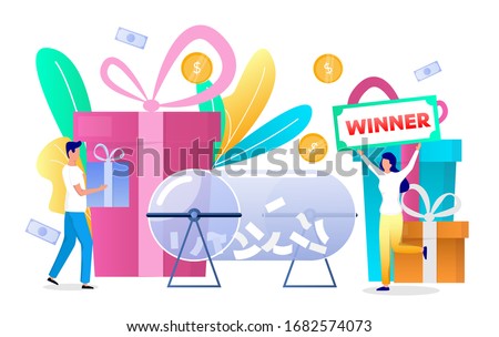 Happy woman winning prize draw and getting gift box, vector flat illustration. Random lucky prize draw winner, lottery gambling concept for web banner, website page etc.