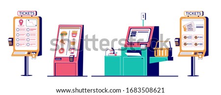 Entertainment cinema and travel ticket kiosks, supermarket self checkout, fast food restaurant self ordering kiosk, vector flat illustration isolated on white background. Self service technologies.