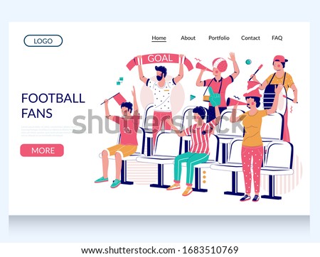 Football fans vector website template, landing page design for website and mobile site development. Group of people supporting their favorite team during football match at the stadium.