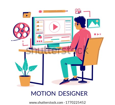 Motion designer animator working on computer creating animated video while sitting at desk, vector flat isometric illustration. Motion graphic studio services concept for web banner, website page etc.