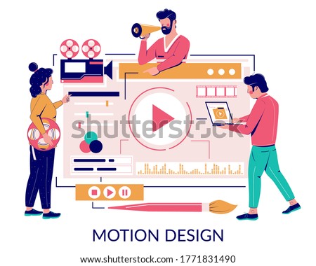 Male and female characters designers, animators, storytellers creating motion graphic content, vector flat illustration. Motion graphic studio concept for web banner website page etc.