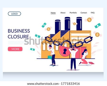 Business closure vector website template, landing page design for website and mobile site development. Stressed out employees in front of chained up factory building. Business arrest.