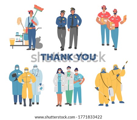 People working on frontlines of corona virus pandemic vector flat illustration. Healthcare workers fighting virus firsthand. Police force delivery cleaning companies staff providing essential services