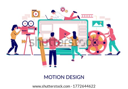 Creative professionals team animators, designers creating animated movie, vector flat illustration. Animation and motion graphics studio, animation industry.