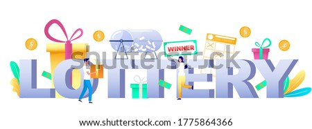Lottery typography vector banner template. Raffle drum full of lottery tickets, man giving gift box to happy woman lotto game prize winner. Prize draw, gambling industry.