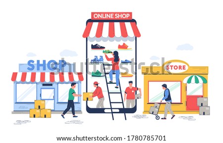 Online to offline commerce, vector flat illustration. O2O retail and electronic commerce business strategy. Potential online consumers making purchases in physical stores.
