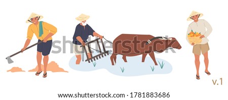 Asian farmer male character set, vector flat isolated illustration. People wearing conical hats digging soil, growing rice in paddy field and harvesting fruit. Asian agricultural industry.