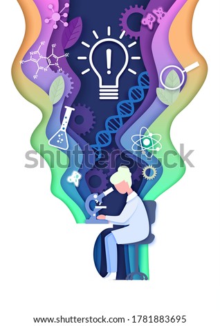 Vector layered paper cut style science learning composition. Science education lab, innovation light bulb, dna research, scientific experiment concept. Stockfoto © 