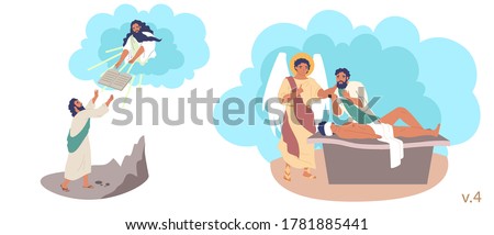 Moses, Abraham and Isaac Bible Stories characters, vector flat illustration. God giving Moses 10 Commandments on top of mount Sinai. Abraham going to kill his son to sacrifice him to God.