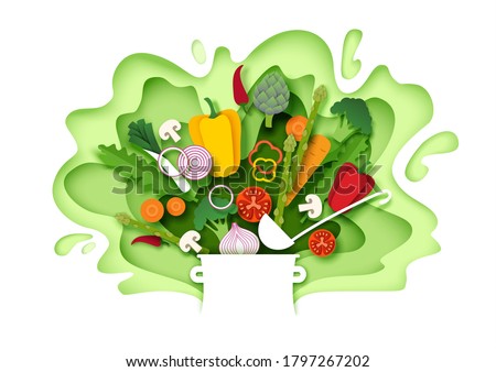 Fresh vegetables falling into the pot. Vector layered paper cut style illustration. Cooking food. Healthy meal. Natural organic food for menu poster banner template.