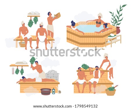 People enjoying wellness and relaxation water procedures in russian steam bath, finnish sauna, japanese hot spring bath, flat vector isolated illustration. Spa resort sauna bathhouse body care therapy
