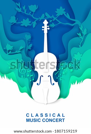 Vector layered paper cut style creative musical background with violin musical instrument, music notes, birds. Classical music concert vintage composition for poster banner flyer invitation.