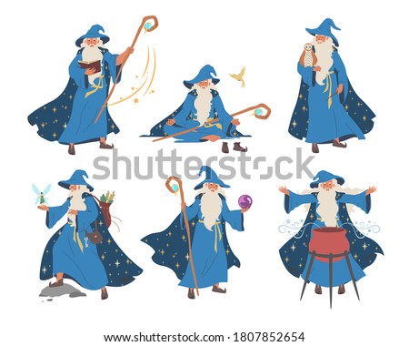 Wizard, magician cartoon character set, flat vector illustration. Old beard man in blue wizards robe hat. Warlock, sorcerer with magical wand, cauldron. Mystery fantasy witchcraft, magic Merlin spells Foto stock © 