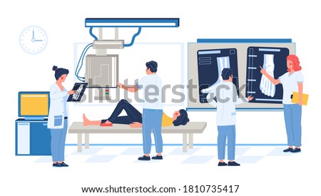 Fluoroscopy exam in hospital, clinic, flat vector illustration. Patient woman lying on medical table, xray machine taking image of broken leg, doctors looking at xray pictures. Bone fracture, injury.