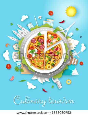 Culinary tourism vector poster, banner template. Paper cut style big delicious italian pizza and world famous landmarks around it. Gastronomic tour. Travel food experience. Italian traditional food.