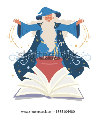 Wizard, mage cooking potion in cauldron and reading spell book, flat vector illustration. Warlock, sorcerer, old beard man in blue wizards robe, hat. Mystery, fantasy, witchcraft, magic Merlin spells. 商業照片 © 