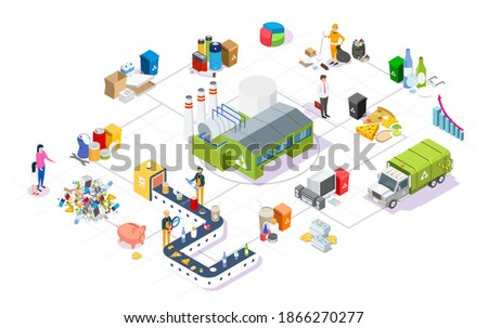 Garbage collection, sorting and recycling isometric flowchart, flat vector illustration. Waste recycling plant, garbage truck, household waste, recycle bins and characters.