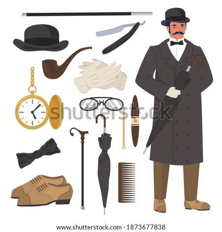 Victorian gentleman set, flat vector isolated illustration. English gentleman clothing and accessories. Bowler hat, cane, razor, watch, pipe, cigar, gloves, umbrella and shoes. Сток-фото © 
