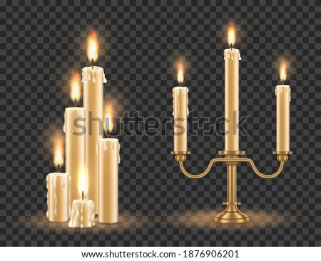 Candlestick and burning candles set, vector illustration isolated on transparent background. Realistic copper candle holder and wax candles.