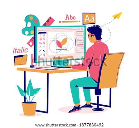 Graphic designer creating logo design using computer software sitting at desk, vector flat isometric illustration. Workspace of digital artist, illustrator, graphic design creative professional.