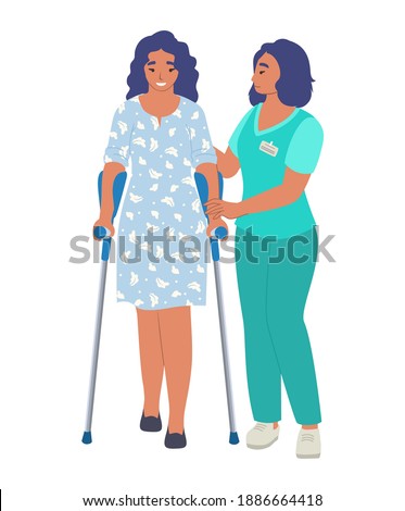 Rehabilitation center. Patient learning to walk using crutches with help of doctor physiotherapist, flat vector illustration. Rehabilitation, physiotherapy treatment of people with injury, disability.