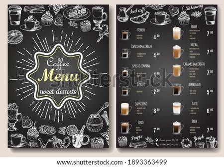 Coffee menu vector template. Front and back sides A4 paper format coffee menu price list, hand drawn design on chalkboard for cafe and restaurant.