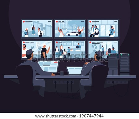 Security room. Two male security guard cartoon characters monitoring cctv video footage on computer screen, flat vector illustration. Video surveillance system.