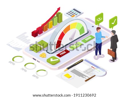 Isometric credit score gauge with good range on mobile phone screen, customer and lender characters, flat vector illustration. Digital good history personal ranking. Online credit score service.